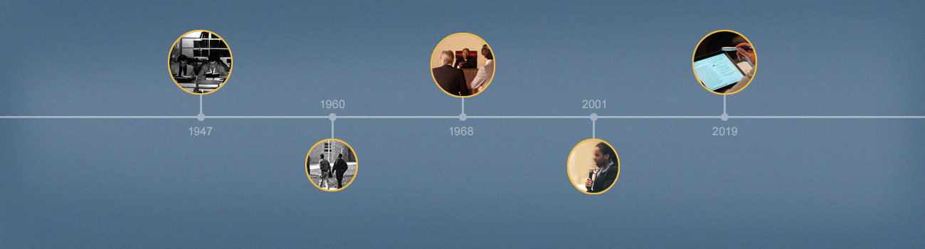 Timeline featuring the dates 1947, 1960, 1968, 2001, and 2019