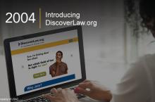 A person accesses the DiscoverLaw.org homepage. The text displayed on the screen reads, "Sure, I'm thinking about law school. But which field of law is right for me? Take Quiz. Why Join?" Image copyright LSAC.
